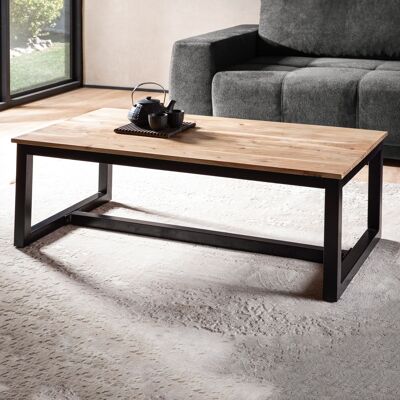 Table basse 110x60x40 cm acacia massif industriel grande, table de salon design rectangulaire, table basse marron, table basse avec pieds en métal