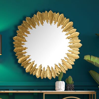 Wall mirror feathers 68 cm metal design hanging mirror gold, iron decorative mirror round, large wall mirror, hall mirror wardrobe mirror modern