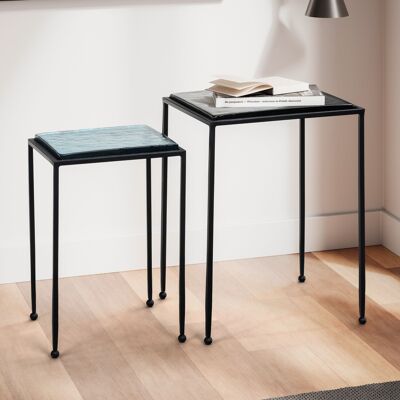 Ensemble de 2 tables d'appoint design bleu noir table d'appoint en verre métal carrée, table de salon moderne, table basse spéciale carrée, table basse 2 pièces plateau amovible