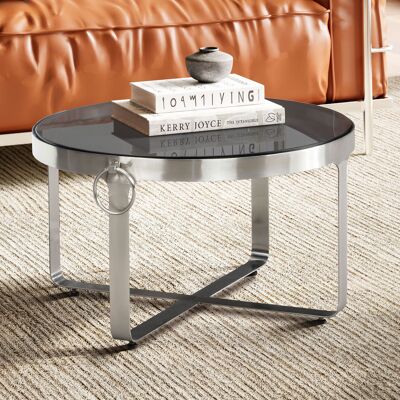 Table basse verre métal 60x60x34 cm table basse argent, table basse design ronde avec poignées, petite table basse moderne, table d'appoint table d'appoint salon