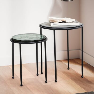 Ensemble de 2 tables d'appoint design vert noir table d'appoint ronde en verre métal, table de salon moderne, table basse spéciale, table basse 2 pièces plateau amovible