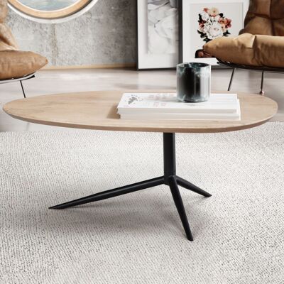 Table basse 86.Table basse ovale en bois de manguier massif blanchi à la chaux, 5x49x36 cm, table basse à trois pieds, design scandinave pour salon