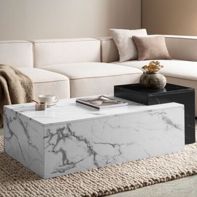 Table basse 120x60x40 cm blanc noir table basse aspect marbre moderne, table basse design rectangulaire, table basse deux niveaux, grande table basse