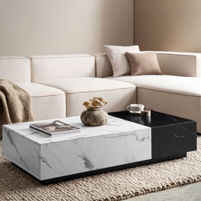 Tavolino da caffè 120x60x28 cm bianco nero tavolino da caffè effetto marmo moderno, tavolino basso rettangolare con cassetti, tavolino con spazio di archiviazione, tavolino da caffè grande