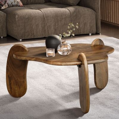 Table basse 78x78x39.Table basse en bois de manguier massif de 5 cm, table basse à trois pieds, design organique et moderne, table basse de salon avec grain de bois naturel