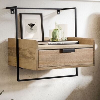 Comodino da parete 44x45x35 cm in legno massello di mango marrone chiaro, comodino con cassetto, mensola da parete sospesa per letto a molle, comodino sospeso