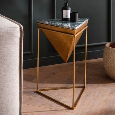 Table d'appoint en marbre véritable métal 37x37x53 cm table d'appoint vert or, petite table d'appoint triangulaire, table de salon canapé moderne, table en marbre perforée haute
