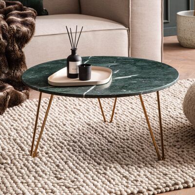 Table basse en marbre véritable vert 70x70x35 cm table basse en métal doré, table basse design à trois pieds ronde moderne, table basse en marbre grande, table basse pieds en épingle à cheveux