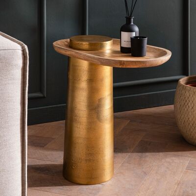 Table d'appoint en bois massif de manguier et métal 50x30x52 cm, petite table d'appoint ovale, table de salon, table basse moderne, table basse haute