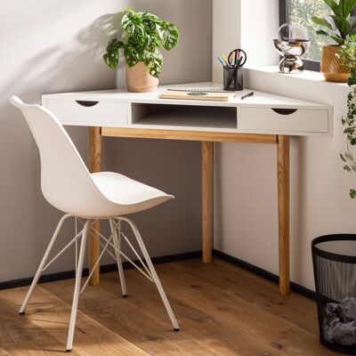 Bureau d'angle 80x80x78 cm blanc avec tiroirs, bureau d'ordinateur de bureau à domicile peu encombrant avec espace de rangement, table d'angle de bureau table d'ordinateur portable salle d'étude pieds en bois