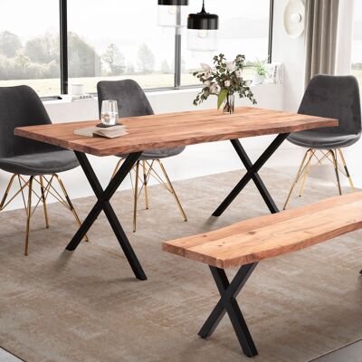 Table à manger 160x80x76 cm en bois d'acacia massif / table à manger en métal bord d'arbre, table de cuisine massive avec pieds en X en noir, table à manger en bois table à manger rectangulaire