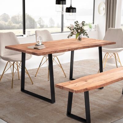 Table à manger 200x100x76 cm en bois d'acacia massif / table à manger en métal bord d'arbre, table de cuisine massive avec pieds trapézoïdaux en noir, table à manger en bois rectangulaire