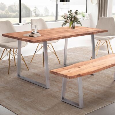 Table à manger 140x80x76 cm en bois d'acacia massif / table à manger en métal bord d'arbre, table de cuisine massive avec pieds trapézoïdaux en chrome, table à manger en bois table à manger rectangulaire