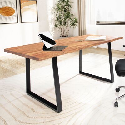 Bureau 180x90x76 cm en bois d'acacia massif / table d'ordinateur en métal bord d'arbre, table de bureau à domicile solide avec pieds trapézoïdaux en noir, table en bois table d'ordinateur portable salle d'étude