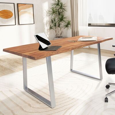 Bureau 120x60x76 cm en bois d'acacia massif / table d'ordinateur en métal bord d'arbre, table de bureau à domicile solide avec pieds trapézoïdaux en chrome, table en bois pour ordinateur portable table d'étude