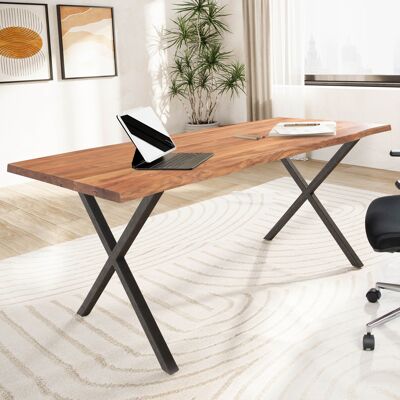 Bureau 160x80x76 cm en bois d'acacia massif / table d'ordinateur en métal bord d'arbre, table de bureau à domicile solide avec pieds en X en noir, table en bois table d'ordinateur portable salle d'étude