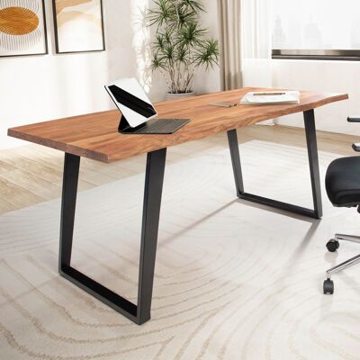 Bureau 200x100x76 cm en bois d'acacia massif / table d'ordinateur en métal bord d'arbre, table de bureau à domicile solide avec pieds en U en noir, table en bois table d'ordinateur portable salle d'étude