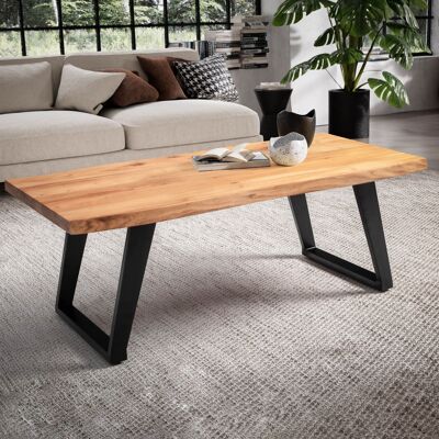 Table basse 120x60x46 cm bois d'acacia massif / bord en métal, table de salon design rectangulaire, table basse marron, table basse avec pieds noirs en forme de U