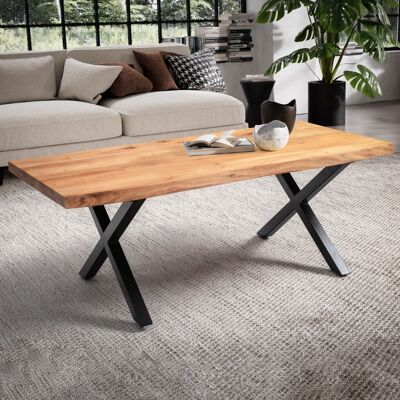 Table basse 120x60x46 cm bois d'acacia massif / bord en métal, table de salon design rectangulaire, table basse marron, table basse avec pieds noirs en forme de X