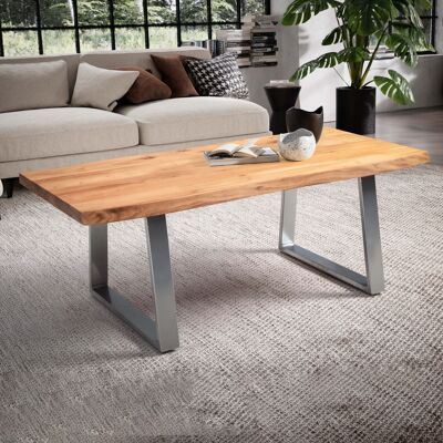 Table basse 120x60x46 cm bois d'acacia massif / bord en métal, table de salon design rectangulaire, table basse marron, table basse avec pieds trapézoïdaux en chrome