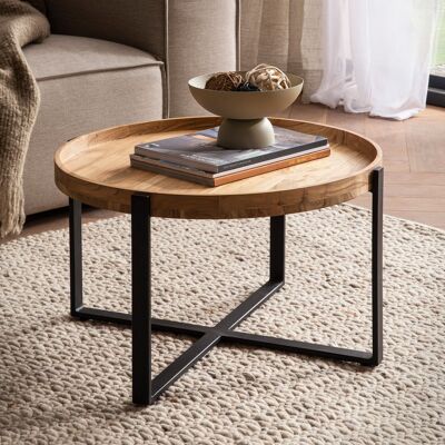Table basse 60x60x36 cm acacia bois massif métal marron clair table basse ronde, table de salon design avec bord surélevé, table basse industrielle salon moderne