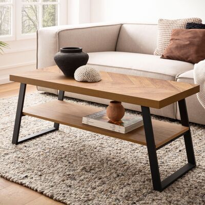 Table basse 100x40x41 cm marron à chevrons, table basse design rectangulaire, table basse moderne avec rangement, table basse avec structure en métal