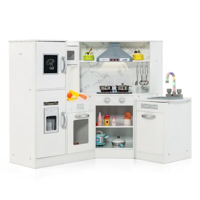 Furntiturelive Cucina per bambini 3+ Cucina giocattolo in legno con luci e suoni Angolo cucina in legno con tavolo incl.Accessori (Bianco)