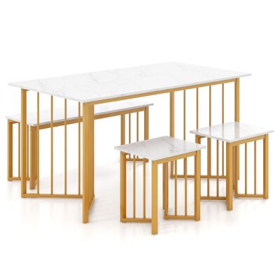 Furniturelive - Juego de comedor de 4 piezas, mesa de cocina rectangular con banco y 2 taburetes, moderno juego de comedor con patas de metal en forma de ala