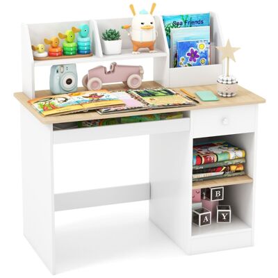 Escritorio de madera Furniturelive para niños y adolescentes, estación de trabajo para estudiantes con estante, estantería y teclado, color blanco.