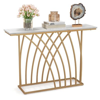 Mesa consola dorada de 120 cm de largo de Furniturelive, moderna mesa de entrada con tablero de imitación mármol blanco y base geométrica, mesa de sofá larga y delgada.