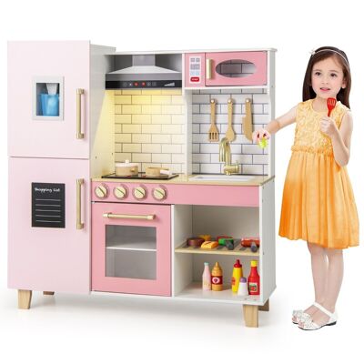 Furntiturelive Cucina per bambini Cucina giocattolo in legno con macchina per cubetti di ghiaccio, cappa aspirante, lavagna, barbecue, utensili da cucina, set da cucina giocattolo con luci e suoni