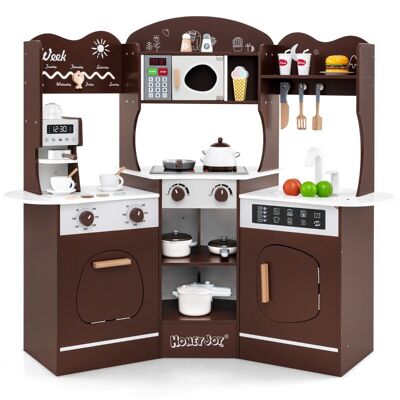 Furniturelive Cucina ad angolo in legno per bambini, set da cucina con luci e suoni, macchina per il caffè, forno a microonde, lavatrice, accessori