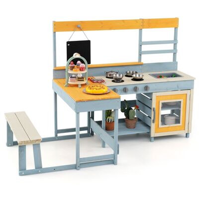Cucina in fango Furniturelive con tavolo da picnic e panca Cucina per bambini in legno di pino con accessori per dessert Utensili da cucina e piatti Cucina da gioco per esterni