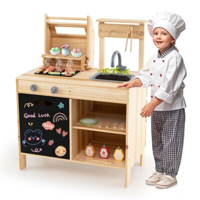 Furniturelive Barbecue in legno per bambini 3+ Set da cucina giocattolo con cibo finto, utensili da cucina e accessori per griglia Set da barbecue con lavagna naturale
