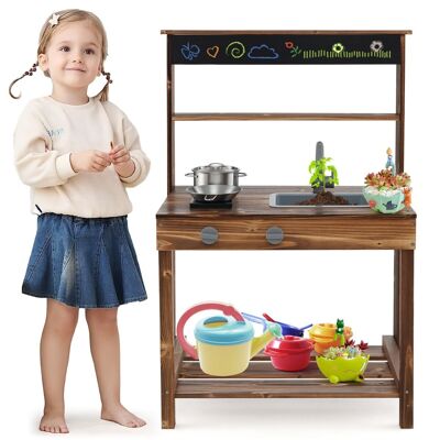 Fest Modderkeuken voor Kinderen Kinderkeuken Sparrenhout met Kraan en Wastafel Speelkeuken met Tafel Pan en Pot Tuinkeuken Buiten