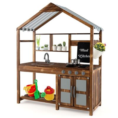 Fest Modderkeuken Kinderen Buiten Kinderkeuken Massief Hout met Luifel & Kraan & Spoelbak & Tafel & Bloempotten Tuinkeuken incl.Accessori