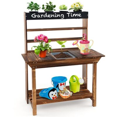 Fest Modderkeuken voor Kinderen Buiten Kinderkeuken Massief Sparrenhout met Afneembare Wastafel Krijtbord en 4 Bloempotten Plantentafel