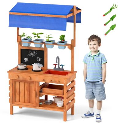 Fest Modderkeuken Houten Rollenspelkeuken met in Hoogte Verstelbare Luifel Krijtbord Plantenbakken Kookplaten Gootsteen Oven Buitenkeuken
