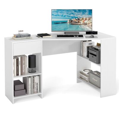 Fest L-Vormig Bureau Hoekbureau met Lade en Planken Moderne Computertafel Hoektafel voor Thuiskantoor Wit
