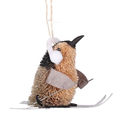Décoration de Noël Pingouin à poils longs sur skis, 12 cm