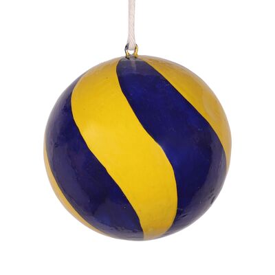 Boule de Noël tourbillonnante en papier mâché 7 cm, bleu marine et jaune