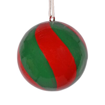 Boule de Noël tourbillonnante en papier mâché 7 cm, verte et rouge