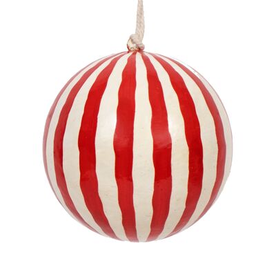Boule de Noël rayée en papier mâché 7 cm, rouge et blanc
