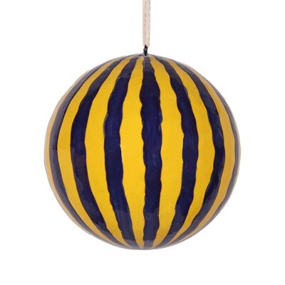 Boule de Noël en papier mâché à rayures 7 cm, bleu marine et jaune