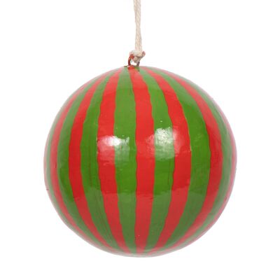 Boule de Noël en papier mâché rayé 7 cm, vert et rouge