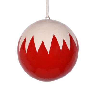 Boule de Noël en papier mâché dentelé 7 cm, rouge et blanc