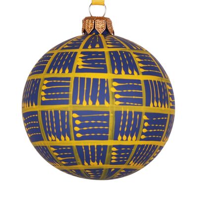 Bola navideña de cristal con líneas de 8 cm, color dorado sobre azul marino