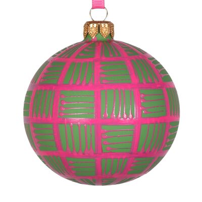 Bola navideña de cristal con líneas en rosa sobre verde, 8 cm