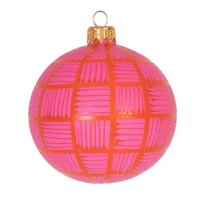 Bola navideña de cristal con líneas naranja sobre rosa, 8 cm