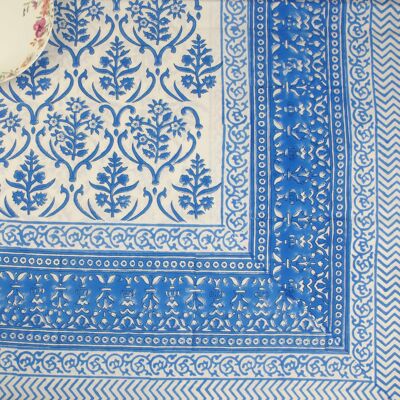 Block Printed Rectangular Tablecloth - Blue Floral Jaal On White